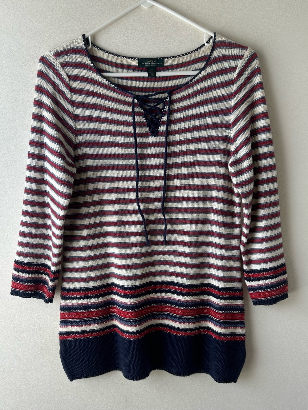 Lauren Ralph Lauren Jeans Co 100% Cotton Knit Sweater Stripe Navy Red Cream XS